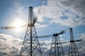 Silhouette High voltage electric towers. High-voltage power lines. Electricity distribution station Royalty Free Stock Photo