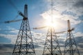 Silhouette High voltage electric towers. High-voltage power lines. Electricity distribution station Royalty Free Stock Photo