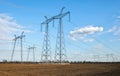 Silhouette High voltage electric towers. High-voltage power lines. Electricity distribution station Royalty Free Stock Photo