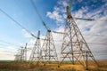 Silhouette High voltage electric towers. High-voltage power lines. Electricity distribution station Royalty Free Stock Photo