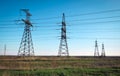 Silhouette High voltage electric towers. High-voltage power lines. Electricity distribution station Royalty Free Stock Photo