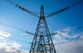 Silhouette High voltage electric towers at sunset time. High-voltage power lines. Electricity distribution station. Royalty Free Stock Photo