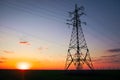 Silhouette High voltage electric towers at sunset time. High-voltage power lines. Electricity distribution station Royalty Free Stock Photo