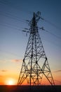 Silhouette High voltage electric towers at sunset time. High-voltage power lines. Electricity distribution station Royalty Free Stock Photo