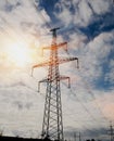 Silhouette of high voltage electrical pole. Sunset sky background. Royalty Free Stock Photo