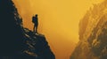 A silhouette of a hiker stands against a breathtaking backdrop of towering cliffs and rugged terrain. The outline of