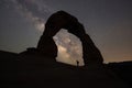 Silhouette of a hiker under Delicate Arch and the Milky Way Galaxy Royalty Free Stock Photo