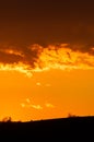 Silhouette of hillside with lone horse and orange sky in background