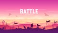 Silhouette historical battlefield at sunset design. Military silhouettes fighting scene on knight war landscape background.