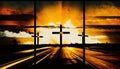 Silhouette of 3 holy crosses on beautiful orange sunset in epic style