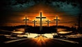 Silhouette of 3 holy crosses on beautiful orange sunset in epic style