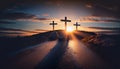 Silhouette of 3 holy crosses on beautiful orange sunset