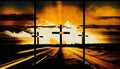 Silhouette of 3 holy crosses on beautiful orange sunset in epic style