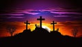 Silhouette of 3 holy crosses on beautiful spring vibrantly sunset