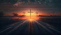 Wonderful silhouette of 3 holy crosses on beautiful orange sunset