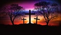 Silhouette of 3 holy crosses on beautiful spring vibrantly sunset