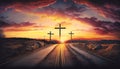 Silhouette of 3 holy crosses on wonderful sunset light