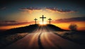 Silhouette of 3 holy crosses on wonderful sunset light