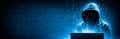 Silhouette Of Hooded Criminal Hacking Computer On Binary Code Background Royalty Free Stock Photo