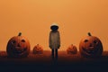 Silhouette of a man standing in a field with huge pumpkins Royalty Free Stock Photo