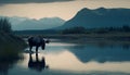 Silhouette of horned cow grazing in tranquil meadow at dusk generated by AI Royalty Free Stock Photo