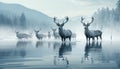 Silhouette of horned deer standing in snowy forest reflection generated by AI Royalty Free Stock Photo