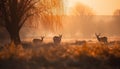 Silhouette of horned stag grazing in tranquil meadow at dawn generated by AI