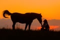 Silhouette of a horse bowing his head to a woman sitting on the ground