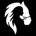 Silhouette of a horse and a girl`s face in white on a black background. Design for equestrian logo
