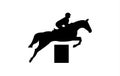 Silhouette of a horse with a jockey jumping over an obstacle