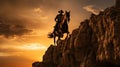 Silhouette of a horse rider on a cliff at sunset Royalty Free Stock Photo