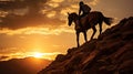 Silhouette of a horse rider on a cliff at sunset Royalty Free Stock Photo