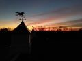 Silhouette of horse weathervanes on cupolas and trees against the orange-red sky at the sunset Royalty Free Stock Photo