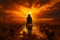 Silhouette on horsebackat evening. Cowboy man in wild west desert sunset. Generative AI Royalty Free Stock Photo