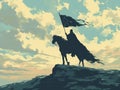 Silhouette of a horseman on the top of a mountain. Generative AI