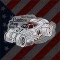 silhouette of hot rod car in smoke with best custom shop lettering on USA flag Royalty Free Stock Photo