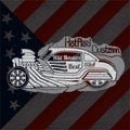 Silhouette of hot rod car in smoke with wild monsters custom lettering on USA flag Royalty Free Stock Photo