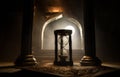 Silhouette of hourglass inside room. Abstract surreal idea with empty space. Selective focus Royalty Free Stock Photo