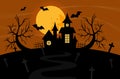 Silhouette of a house on a hill against the backdrop of a full moon of trees and bats house on a cemetery