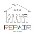 Silhouette of a house with tools for repair. Logo of Repair Home with colorful lettering on the white background. Royalty Free Stock Photo