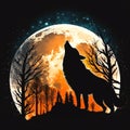 The silhouette of a howling wolf against the background of the huge yellow full moon. Created with Generative AI