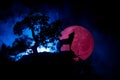 Silhouette of howling wolf against dark toned foggy background and full moon or Wolf in silhouette howling to the full moon. Hallo