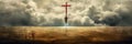 silhouette of a huge catholic cross and a lonely person nearby, above the clouds, sky landscape, panoramic view. conceptual Royalty Free Stock Photo