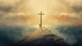 silhouette of a huge catholic cross on a rock and a lonely person nearby, above the clouds, sky landscape, panoramic view. Royalty Free Stock Photo