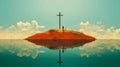 silhouette of a huge Catholic cross on a rocky red island and a lonely person nearby, reflection in mirror water, above the clouds Royalty Free Stock Photo