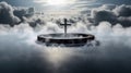 silhouette of a huge Catholic cross standing in an empty well, stone ring, above the clouds, gloomy surreal landscape, panoramic Royalty Free Stock Photo