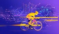 cyclist silhouette with vibrant dynamic lines showing motion, surrounded by data streams