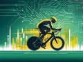 cyclist silhouette with vibrant dynamic lines showing motion, surrounded by data streams
