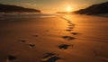 Silhouette of human foot on golden sand at waters edge generated by AI