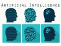 Silhouette Of Human Head. Artificial Intelligence, Head With Gears. Icon Set In A Flat Design With Long Shadow. Vector